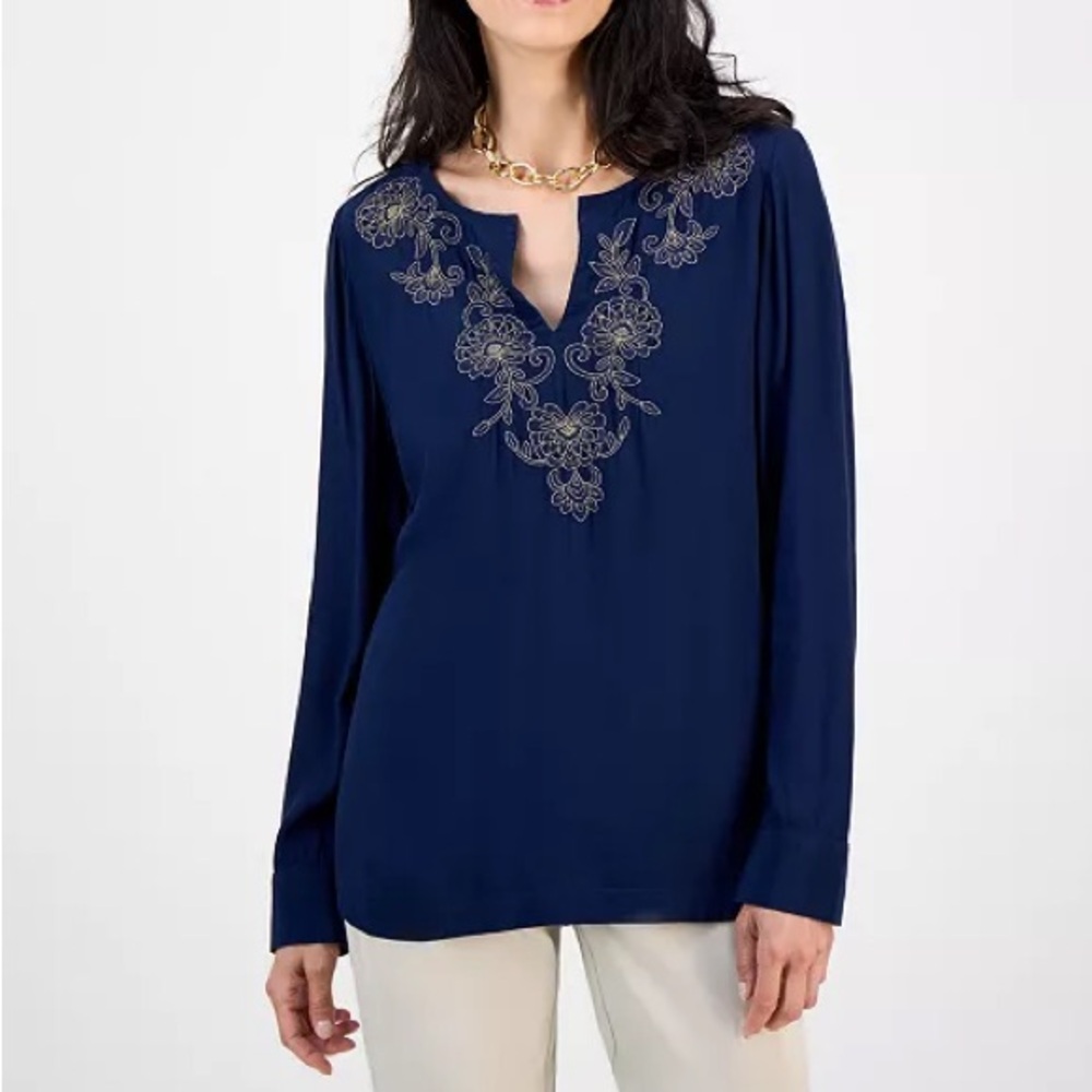 JM Collection Blue Floral Embroidered Tunic Blouse Sz. S NWT!